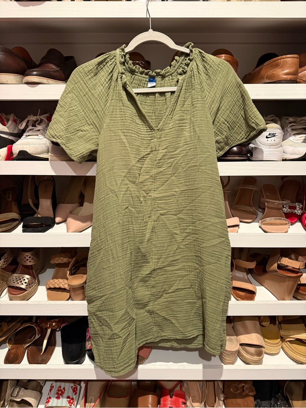 Old Navy Olive Green Ruffled Neck Mini Dress